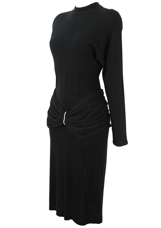 80's Black Batwing Jersey Midi Dress with Gathered Sash Waist & Pearls ...
