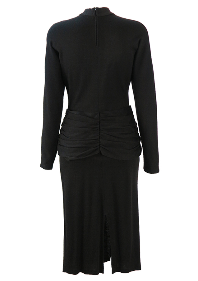 80's Black Batwing Jersey Midi Dress with Gathered Sash Waist & Pearls