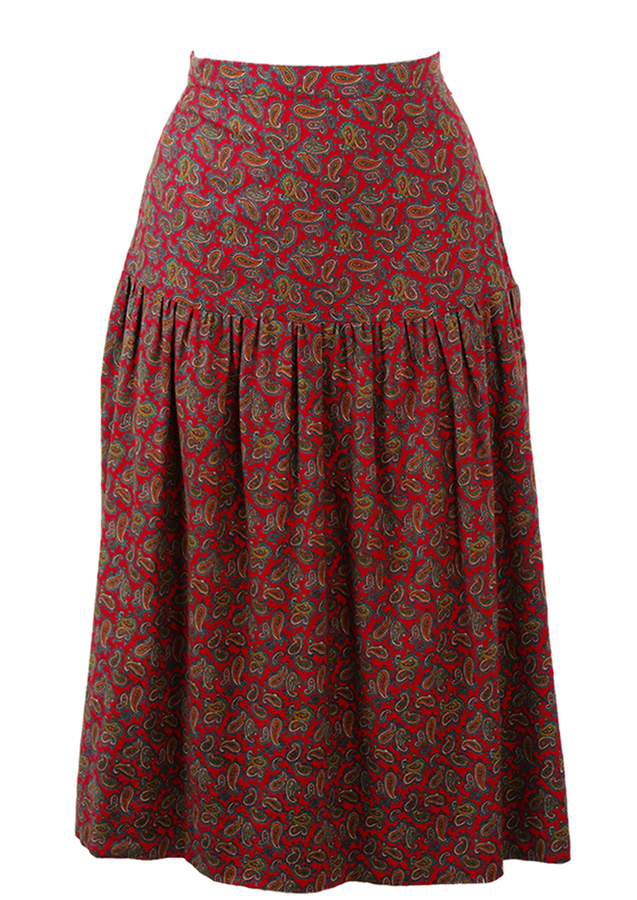 Red Paisley Patterned Flared Midi Skirt with Drop Waistband - XS/S ...