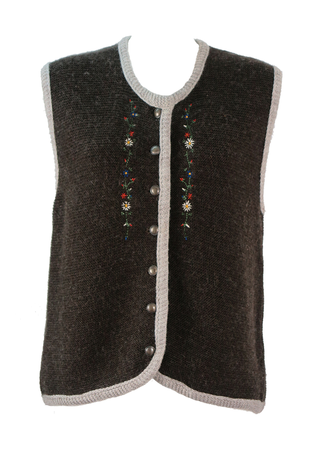 Tyrolean Brown Knit Sleeveless Cardigan with Floral Embroidery - M ...