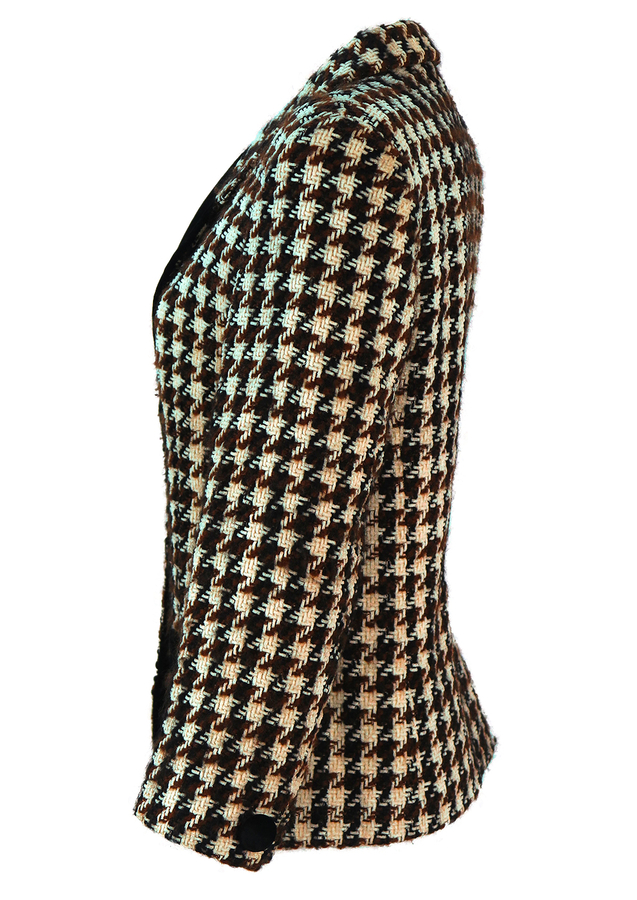 Dogtooth Check Fitted Jacket with Black Velvet Trim M Reign Vintage