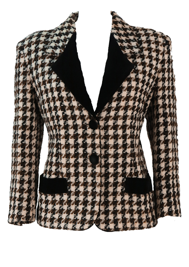 Dogtooth Check Fitted Jacket with Black Velvet Trim - M | Reign Vintage