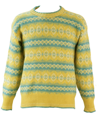 Pure New Wool Fair Isle Patterned Jumper in Yellow, Blue & White - M