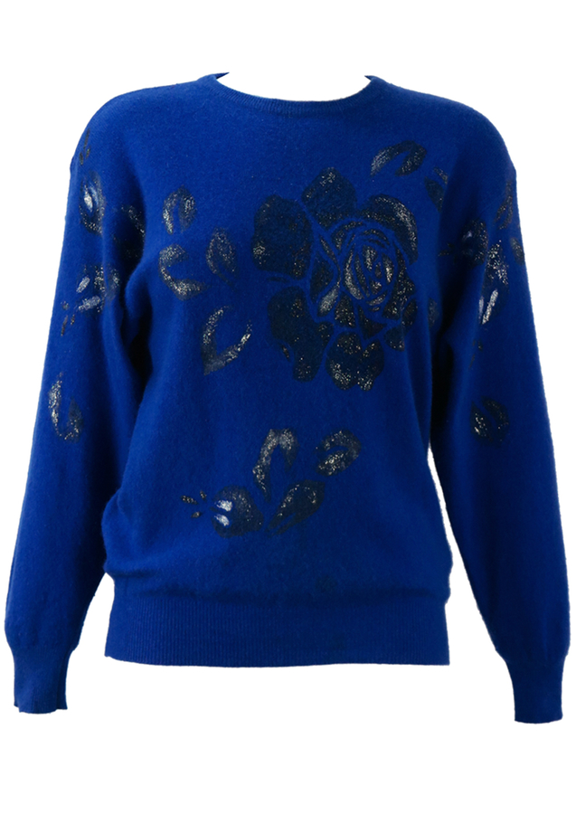 Electric Blue Jumper with Hand Painted Silver Glitter Rose Design S/M
