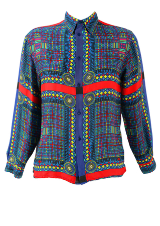 Gianni Versace Multicoloured Grid Pattern Blouse with Medusa Heads - S/M