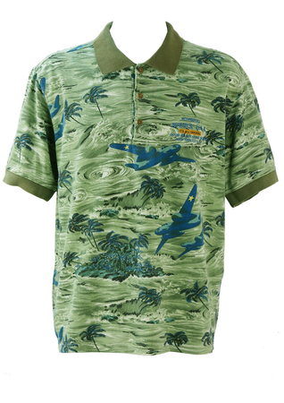 Avirex Green & Blue Polo Shirt with Fighter Plane & Hawaiian Print Design - L/XL