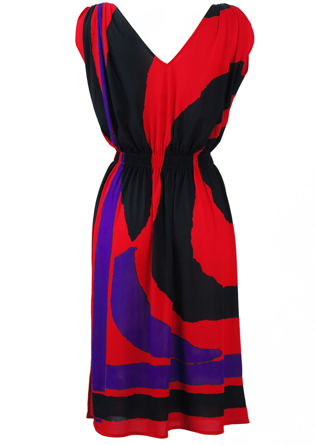 Sleeveless Red Midi Dress with Purple & Black Abstract Pattern - M ...