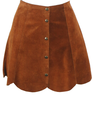 Tan Brown Suede Mini Skirt with Scallop Hem & Popper Fastenings - S ...