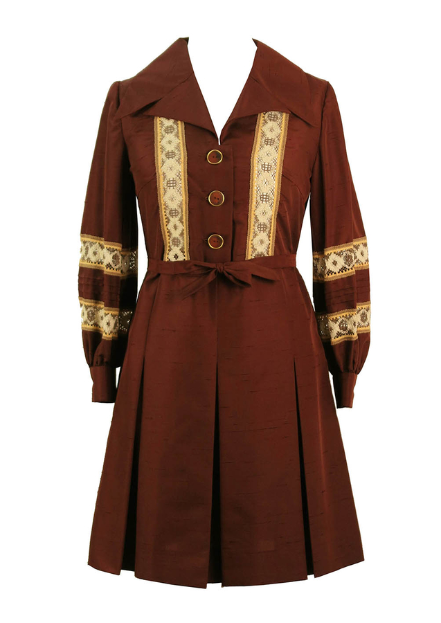 70's Cream and Brown Floor Length Dress