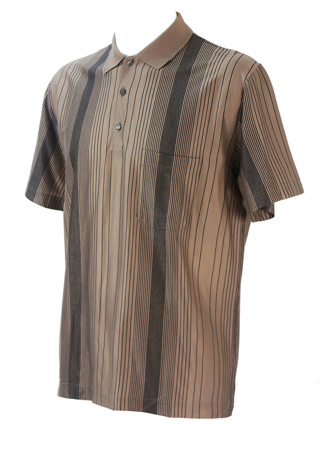 Brown Polo Shirt with Vertical Black Stripe Pattern - M/L | Reign Vintage