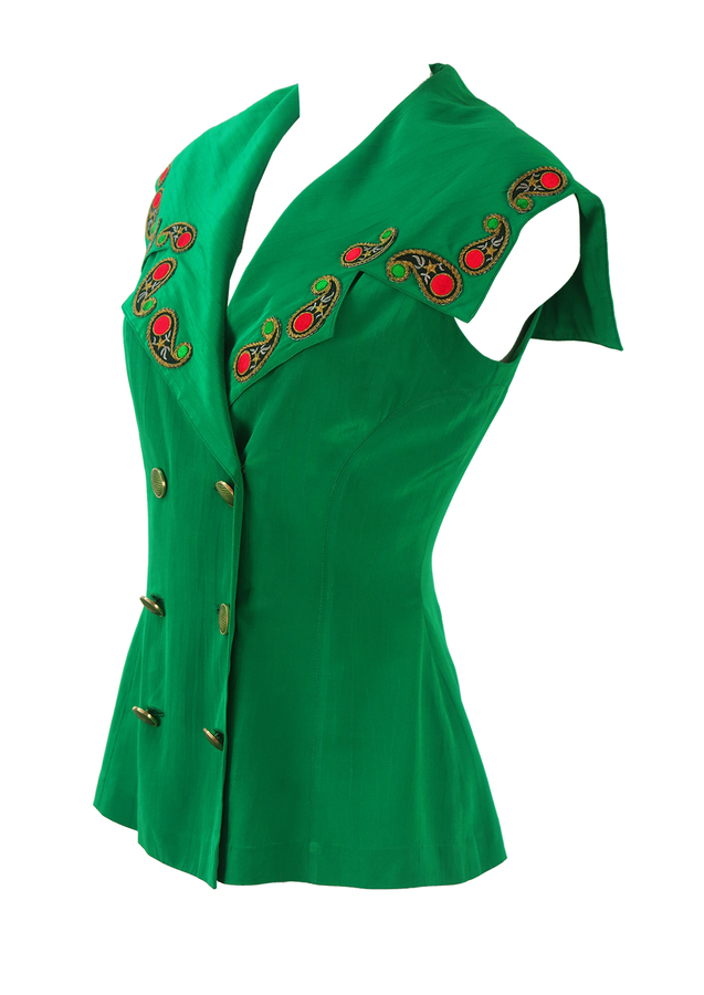 Emerald Green Sleeveless Top with Large Collar & Paisley Applique Detail S/M Reign Vintage