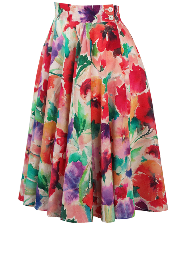 Knee Length Multicoloured Floral Circle Skirt in Painterly Style - S ...