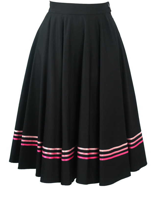 Knee Length Black Rockabilly Circle Skirt with Pink Ribbon Trim XXS