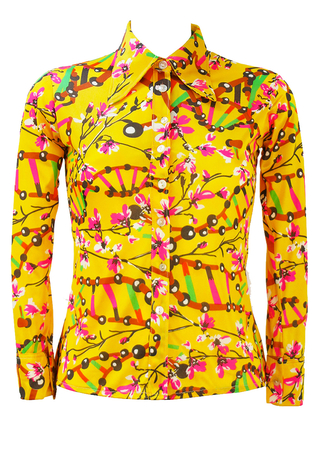 Vintage 60's Yellow Blouse with Abstract Floral Oriental Pattern - XS/S