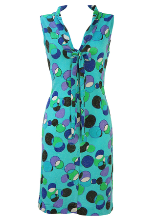 Vintage 60's Sparkly Blue Dress with Multicoloured Psychedelic Circles Pattern - S/M