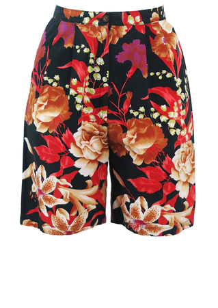 High Waist Black Shorts with Floral Pattern - S