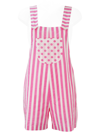 Pink & White Striped Short Dungarees with Polka Dot Pocket - S