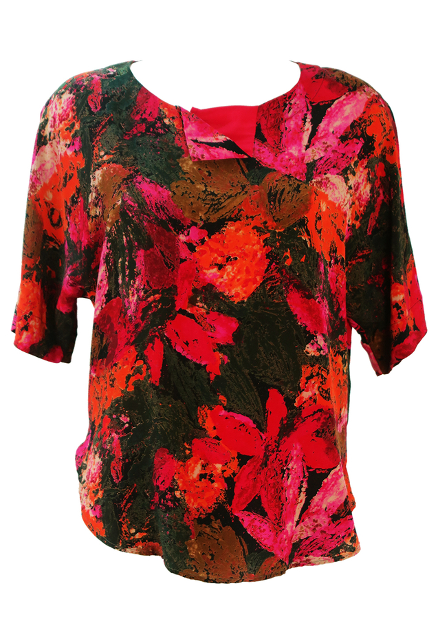 Silk Short Sleeve Top with Multicoloured Abstract Floral Print - M/L ...