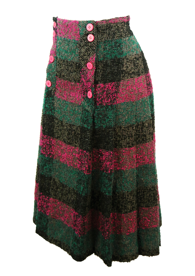 Textured Wool Midi Pleated Skirt with Pink, Turquoise & Black Check ...