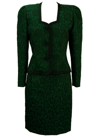 Guy Laroche Green & Black Patterned Textured Two Piece Jacket & Skirt Set - M