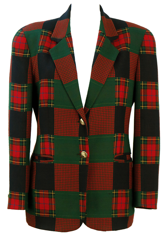 Tartan & Houndstooth Patchwork Check Jacket in Green, Red & Blue - M/L | Reign Vintage