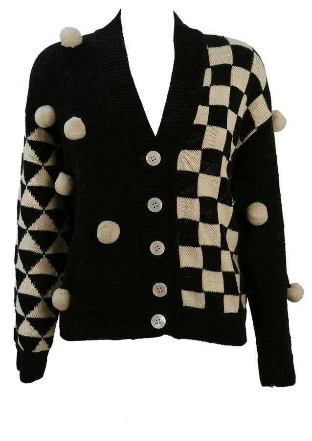 Black & White Cardigan with Checkerboard Pattern & Pom Pom Detail M/L