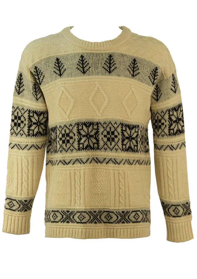 Nordic Style Cream & Black Patterned Wool Jumper M/L Reign Vintage