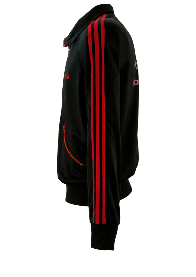 Vintage 70's Adidas Black Track Jacket with Red Stripes and Curved Pockets - M/L | Reign Vintage