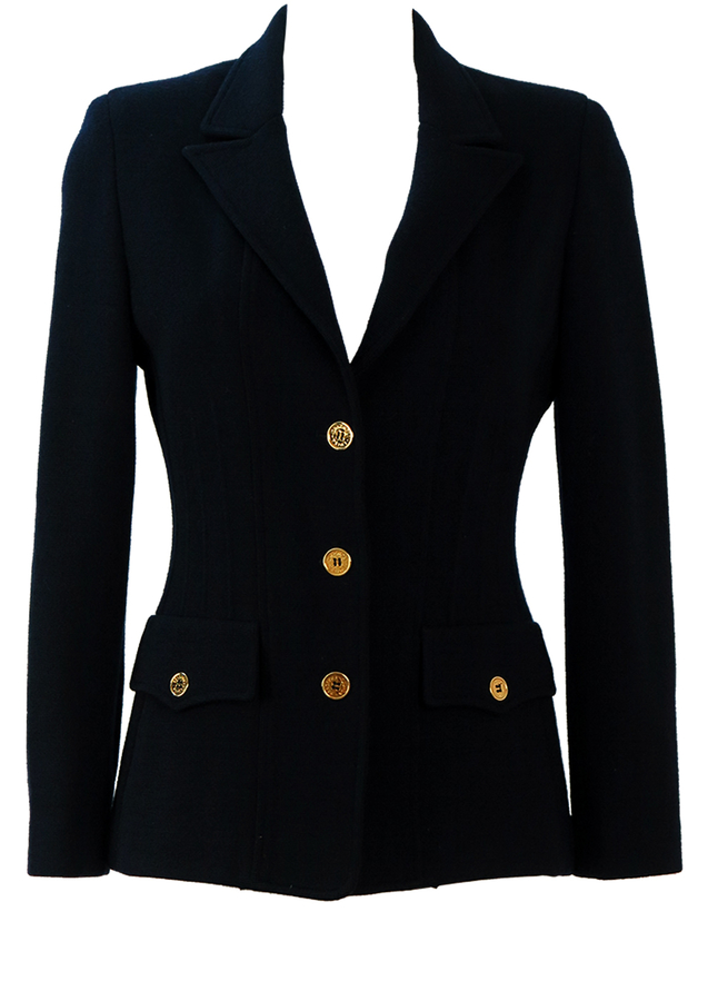 Luisa Spagnoli Pure Wool Navy Blue Jersey Blazer with Gold Buttons S