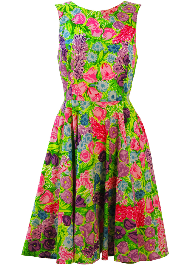 Bright Green Flare Dress with Pink & Purple Floral Print - S/M | Reign ...