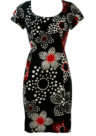 Pierre Cardin Black Bodycon Dress with Red & White Polka Dot Floral Pattern - M