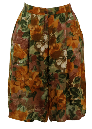 Olive Green, Ochre & Brown Abstract Floral Print Culottes - S/M