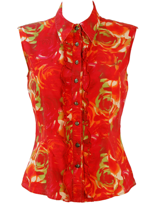 Versace Jeans Couture Red Sleeveless Rose Print, Ruffle Front Blouse - M/L