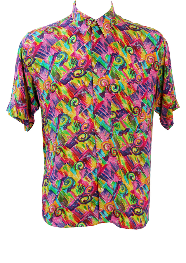Vintage 90's Short Sleeved Shirt with Bright Multicoloured Abstract ...
