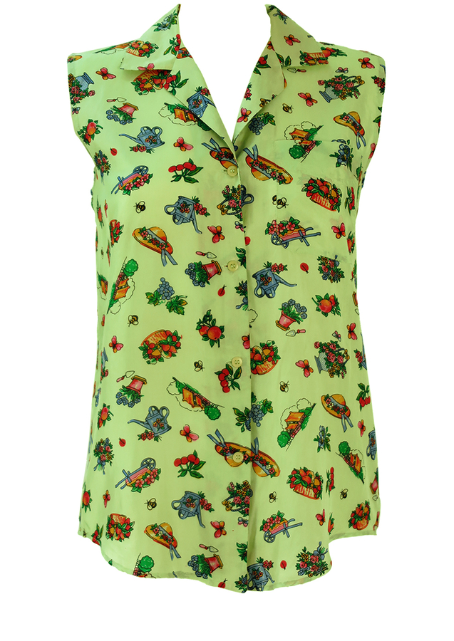 Mint Green Sleeveless Silk Blouse with Gardening Themed Print M/L