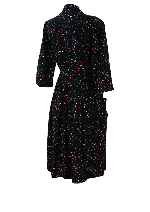 Vintage 40's Black Midi Day Dress with Red & White Ditsy Floral Print ...
