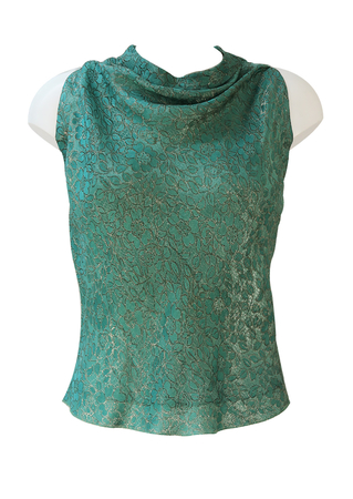 Vintage 60's Pierre Cardin Sleeveless Top with Jade Green & Metallic Gold Floral Pattern - S/M