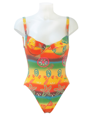 Yellow, Orange & Green Striped Backless Swimsuit with Multicoloured Graphic Pattern - XS/S