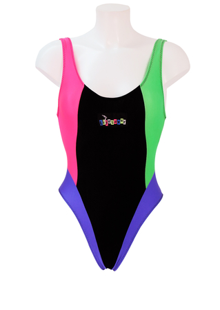 'Lifesaver' Block Colour Swimsuit in Black, Green, Pink & Purple with Scoop Back - XS/S