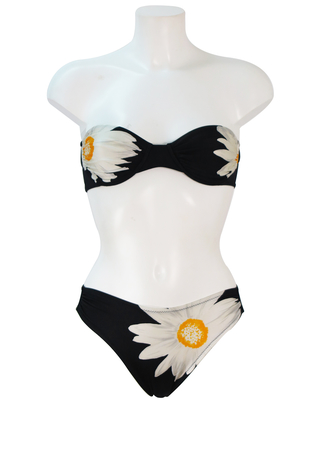 Black Strapless Bikini with Daisy Pattern - XS/S