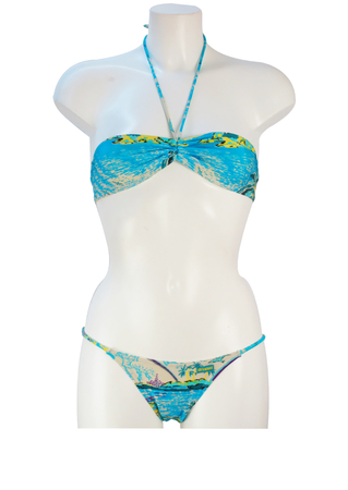 Brazilian Style Bikini with Blue, Yellow & White Hawaiian Pattern - XS/S