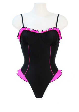 Black Swimsuit with Bright Pink Frill Detail - XS/S