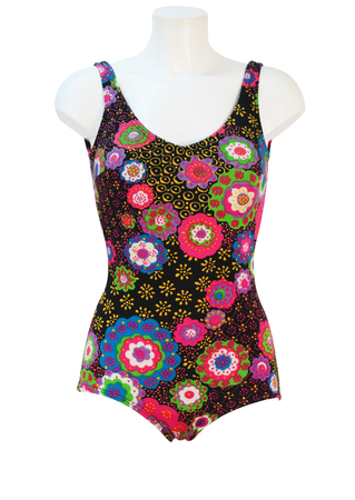 Vintage 70's Black Swimsuit with Multicoloured Floral Pattern - M