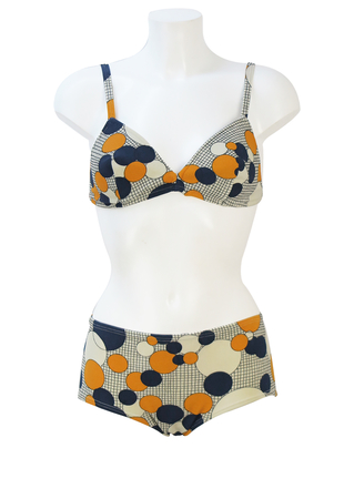 Vintage 60's Bikini with Blue, Ochre & White Polka Dot Pattern - M/L