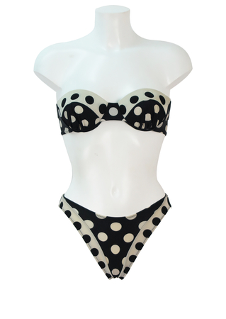 Strapless, High Leg Bikini with Black & White Contrasting Polka Dot Pattern - S/M