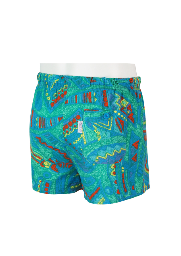 Blue Swim Shorts with Yellow, Green & Orange Geometric Pattern - S/M ...