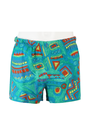 Blue Swim Shorts with Yellow, Green & Red Geometric Pattern - S/M