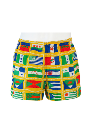 Yellow Swim Shorts with Blue, Green & Red Flags Pattern - M