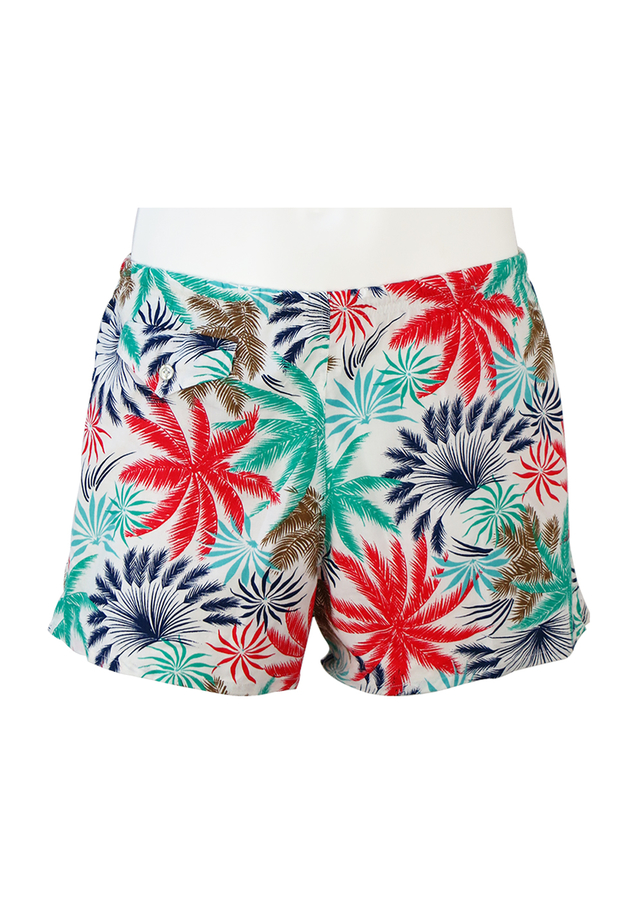 White Swim Shorts with Red, Blue, Green & Brown Tropical Palm Leaves ...