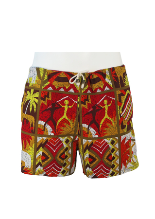 Batik Swim Shorts with Tribal Pattern in Red, Orange, Brown & White - M/L - New